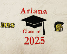 Load image into Gallery viewer, Engraved graduation throw blanket with customizable design—perfect Canadian grad gift.