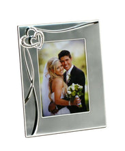 Load image into Gallery viewer, 5x7 frosted silver wedding photo frame with crystal double hearts – romantic anniversary gift in Canada