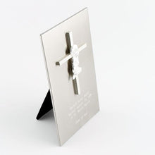 Load image into Gallery viewer, Stainless Steel Cross Plaque for Boys | Engraver in Canada | Gift Shop in Calgary | Religious Gift Collection | Personalized Cross Design | Custom Engraving | Meaningful Religious Keepsake | Stainless Steel Religious Plaque | Boy's Baptism Gift | Communion Memento | Christian Symbol | Religious Decor | Calgary Engraved Gifts | Canadian Engraving Services | Stainless Steel Religious Art | Unique Cross Design | Quality Craftsmanship