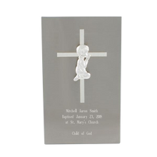 Load image into Gallery viewer, Stainless Steel Cross Plaque for Boys | Engraver in Canada | Gift Shop in Calgary | Religious Gift Collection | Personalized Cross Design | Custom Engraving | Meaningful Religious Keepsake | Stainless Steel Religious Plaque | Boy's Baptism Gift | Communion Memento | Christian Symbol | Religious Decor | Calgary Engraved Gifts | Canadian Engraving Services | Stainless Steel Religious Art | Unique Cross Design | Quality Craftsmanship