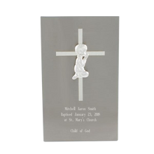 Load image into Gallery viewer, Stainless Steel Cross Plaque for Boys | Engraver in Canada | Gift Shop in Calgary | Religious Gift Collection | Personalized Cross Design | Custom Engraving | Meaningful Religious Keepsake | Stainless Steel Religious Plaque | Boy&#39;s Baptism Gift | Communion Memento | Christian Symbol | Religious Decor | Calgary Engraved Gifts | Canadian Engraving Services | Stainless Steel Religious Art | Unique Cross Design | Quality Craftsmanship

