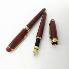 Load image into Gallery viewer, "Rosewood Fountain Pen with Cap On" | "Rosewood Fountain Pen with Cap Off" | "Close-up of Rosewood Fountain Pen" | "Rosewood Fountain Pen with Gold Accents" | "Rosewood Fountain Pen in Case"