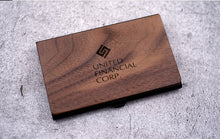Load image into Gallery viewer, walnut wood business card holder stainless steel case corporate gift Canada