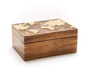 Exquisite Mango Wood World Map Jewelry Box | Handcrafted by Engraver in Canada | Available at Gift Shop in Calgary | Perfect blend of craftsmanship and elegance | Ideal for storing precious jewelry and trinkets | Unique world map design adds charm to any decor | Thoughtful gift for travelers and adventurers | Durable and stylish storage solution | Enhance your space with this artisanal masterpiece