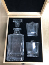 Load image into Gallery viewer, 3 PC DECANTER SET WITH 2 GLASSES AND WOODEN BOX
