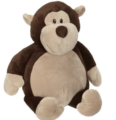 Plush monkey toy with brown and beige colors on a white background