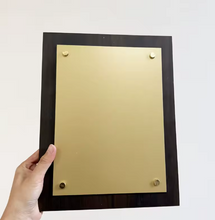 Load image into Gallery viewer, Walnut wood plaque with Gold plate screw detail
