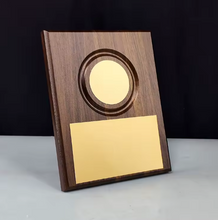 Load image into Gallery viewer, Walnut wood plaque with circular emblem
