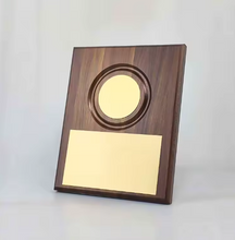 Load image into Gallery viewer, Walnut wood plaque with circular emblem
