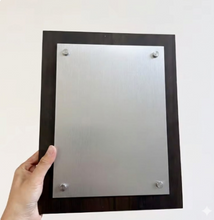 Load image into Gallery viewer, Walnut wood plaque with Silver plate- screw detail
