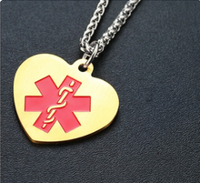 Load image into Gallery viewer, Large Gold Heart Medical Alert pendant with silver chain
