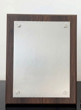 Load image into Gallery viewer, Walnut wood plaque with Silver plate- screw detail
