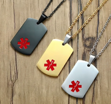 Load image into Gallery viewer, Medical Alert Pendant Necklace- Dog Tag Stainless Steel Black, Gold and Black
