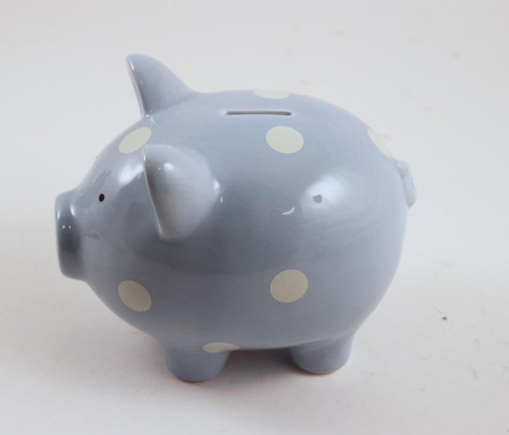 Blue Piggy Bank- White Polka Dots | Piggy banks online in Canada | Piggy banks online in Calgary | Piggy banks online in Canada | Online gift shop in Canada | Online Gift shop in Calgary | Online engraver in Canada