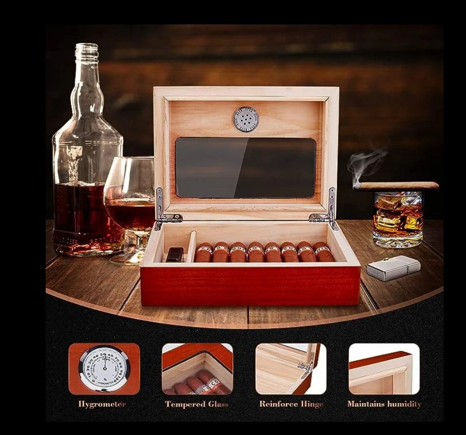 Cigar Humidor Box – Glass Top Humidor with Hygrometer Humidifier
