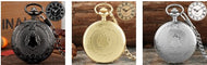Front view of engraved black shield crown pocket watch Canada