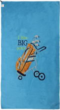 Load image into Gallery viewer, A blue towel featuring a graphic of a golf bag in a push cart with the text 'I like BIG putts' in yellow and black.
