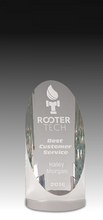 Load image into Gallery viewer, A clear acrylic or glass award trophy with an oval base and a central vertical cutout, featuring engraved text that reads 'ROOT TECH Best Customer Service Haley Morgan 2016' on a dark gradient background.
