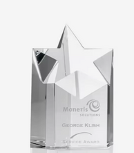 Load image into Gallery viewer, A clear acrylic star-shaped award trophy with geometric facets, engraved with the text 'Moneris Solutions George Klish Service Award', on a clean white background.
