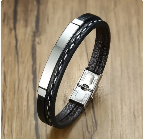Front view of personalized men's leather ID bracelet Canada