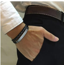 Load image into Gallery viewer, Side angle of men&#39;s leather weave ID bracelet with engraving
