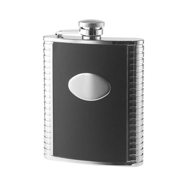 6 oz. Black Leather Bonded Oval Convex & Ribbed Sides Stainless Steel Flask