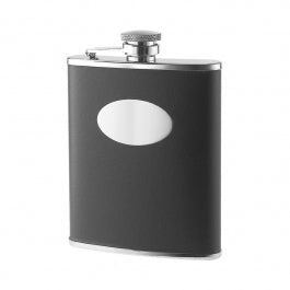 6 oz Black Leather Bonded Wrapped Stainless Steel Flask & Oval Convex