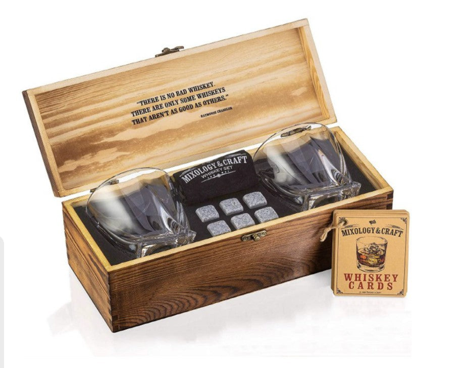 9-piece whiskey bar set with wooden box, Whiskey set includes 6 stones and 2 glasses, Whiskey stones and glasses set in wooden box, Custom whiskey bar set with glass and stone, Whiskey stones set with 2 glasses in wooden box, Whiskey gift set with stones and glasses, Engraved whiskey set in Calgary, Whiskey glass set with stones for gifting