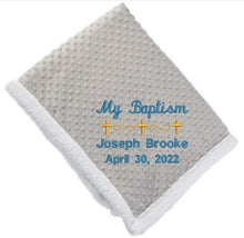Load image into Gallery viewer, My Baptism Custom Blanket with Gold Cross | Engraver in Canada | Gift shop in Calgary | Personalized Baptism Blanket | Unique Baptism Gift | Customized Blanket with Cross Design | Special Baptism Keepsake | Engraved Blanket for Baptism | Embroidered Baptism Gift | Canadian Engraving Services | Calgary Gift Store | Religious Blanket with Customization | Meaningful Baptism Present | Handcrafted Baptismal Blanket | Custom Embroidery for Baptism | High-Quality Blanket for Christening
