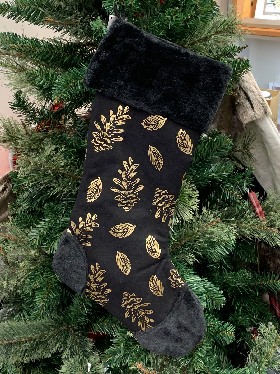 Black and Gold Leaf Stocking with Fur Cuff