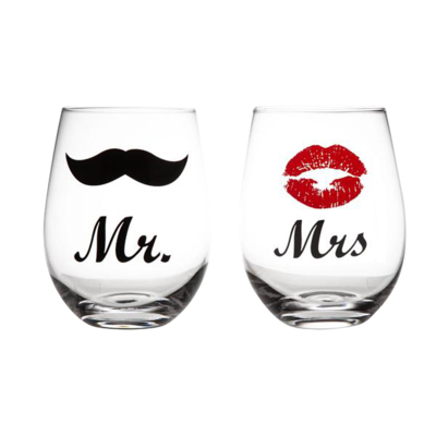 Mr & Mrs Lips and Moustache Stemless Wine Glass Set