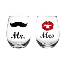Load image into Gallery viewer, Engraved Mr and Mrs stemless wine glasses with lips and moustache artwork – perfect for wedding gift
