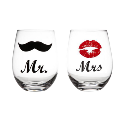 Engraved Mr and Mrs stemless wine glasses with lips and moustache artwork – perfect for wedding gift