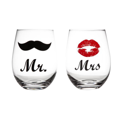 Engraved Mr and Mrs stemless wine glasses with lips and moustache artwork – perfect for wedding gift
