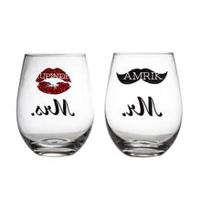 Load image into Gallery viewer, Set of two stemless wine glasses engraved with Mr and Mrs and iconic lips and moustache design

