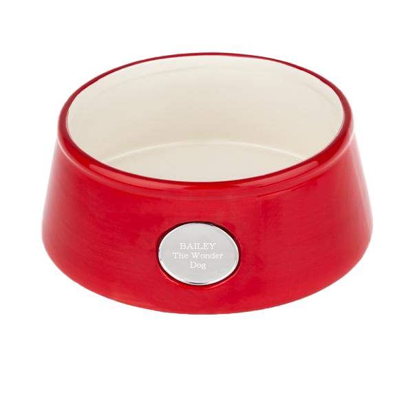 Red Ceramic Pet Bowl with Engravable Plate