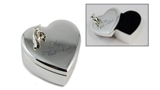 SILVER PLATED HEART SHAPED MY FIRST CURL TEDDY BEAR BOX