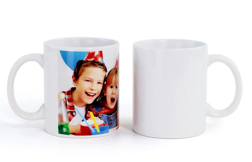 A photo printed customized coffee mug and a white coffee mug, buy customized photo mug from Engraving Reimagined in Canada and USA.