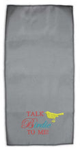 Load image into Gallery viewer, Custom embroidered gifts Canada – closeup of “Talk Birdie to Me” towel
