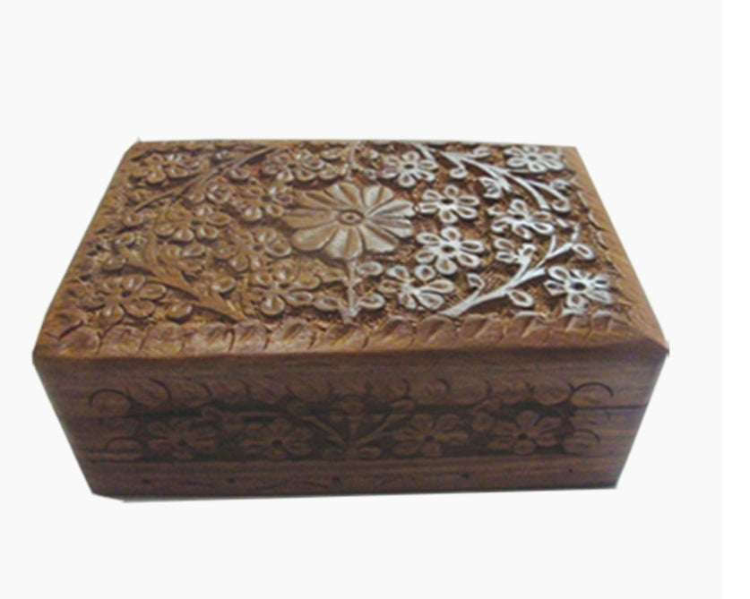Daisy Carved Wooden Jewelry Box with Front Design