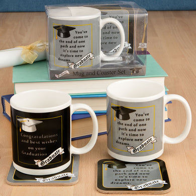 Grad mug & coaster set- 2 styles available | grad mug & coaster set- 2 styles at once | grad mug & coaster set- 2 styles and accessories | Buy Online from Engraving Reimagined in Canada| Graduation-themed mug and coaster set featuring two stylish designs | Perfectly engraved by a skilled artisan in Canada | Ideal gift from a renowned Calgary-based gift shop
