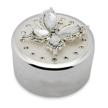 Load image into Gallery viewer, Close-up detail of round butterfly keepsake box – ornate decorative metal trinket holder gift

