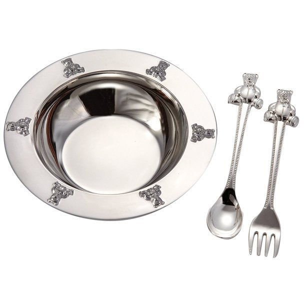 Silverplated Baby Bear Bowl, Spoon, Fork Set