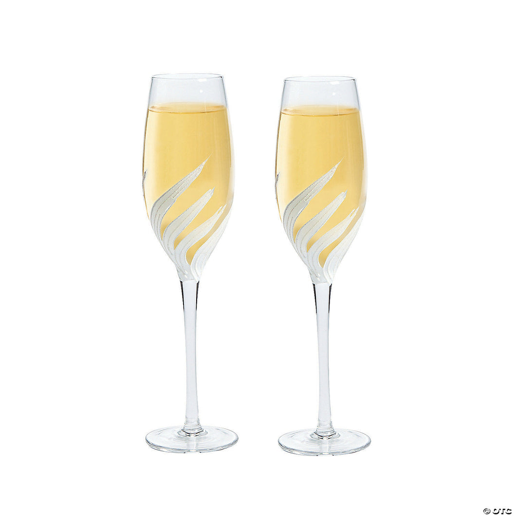 White Glitter Trim Champagne Flutes Set of 2