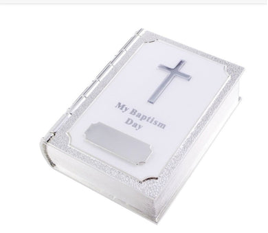 Silver-plated white Bible trinket box - perfect baptism gift | Engraved by artisans in Canada | Ideal keepsake from Calgary gift shop | Religious baptism trinket box | Personalized Bible box | Baptism memento from Calgary | Custom engraved silver-plated box | Meaningful religious gift | Unique baptismal keepsake | Engraved Bible trinket box | Silver-plated baptismal box | Customized baptism gift | Religious memento from Calgary | Elegant baptismal souvenir