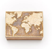 Load image into Gallery viewer, Exquisite Mango Wood World Map Jewelry Box | Handcrafted by Engraver in Canada | Available at Gift Shop in Calgary | Perfect blend of craftsmanship and elegance | Ideal for storing precious jewelry and trinkets | Unique world map design adds charm to any decor | Thoughtful gift for travelers and adventurers | Durable and stylish storage solution | Enhance your space with this artisanal masterpiece
