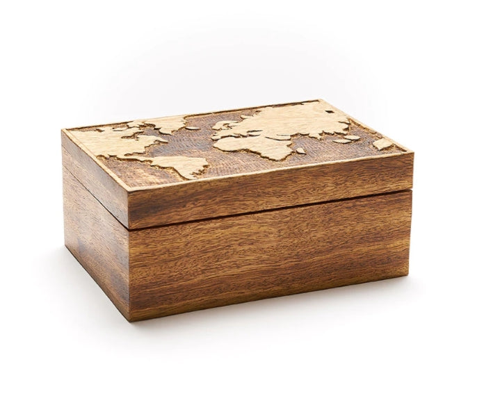 Exquisite Mango Wood World Map Jewelry Box | Handcrafted by Engraver in Canada | Available at Gift Shop in Calgary | Perfect blend of craftsmanship and elegance | Ideal for storing precious jewelry and trinkets | Unique world map design adds charm to any decor | Thoughtful gift for travelers and adventurers | Durable and stylish storage solution | Enhance your space with this artisanal masterpiece
