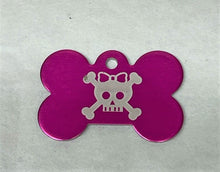 Load image into Gallery viewer, Pink bone shaped Pet tag with skull and cross bone
