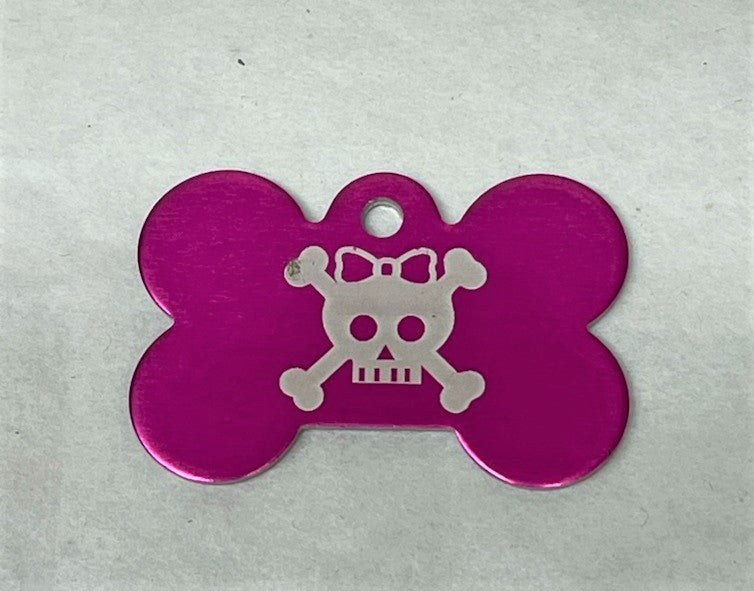 Pink bone shaped Pet tag with skull and cross bone